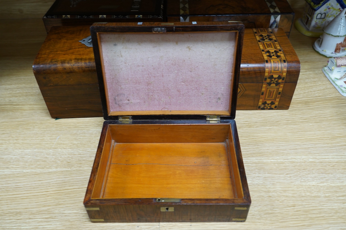 A rosewood military box, a mother-of-pearl inlaid box, another similar box, an inlaid box and plainer box (5). Condition - fair to good